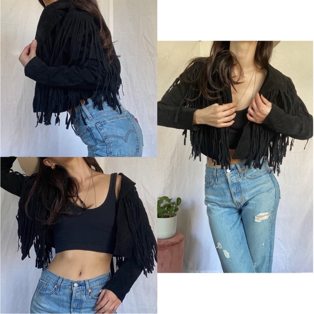 Black Genuine Leather Crop Fringe Western Jacket Small - Picture 5 of 5